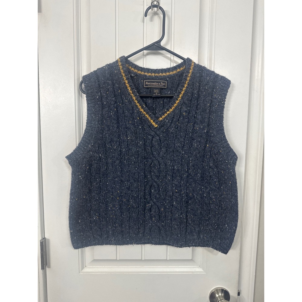 Abercrombie & Fitch Wool Cable Knit Sweater Vest Navy Blue Yellow V-Neck Medium